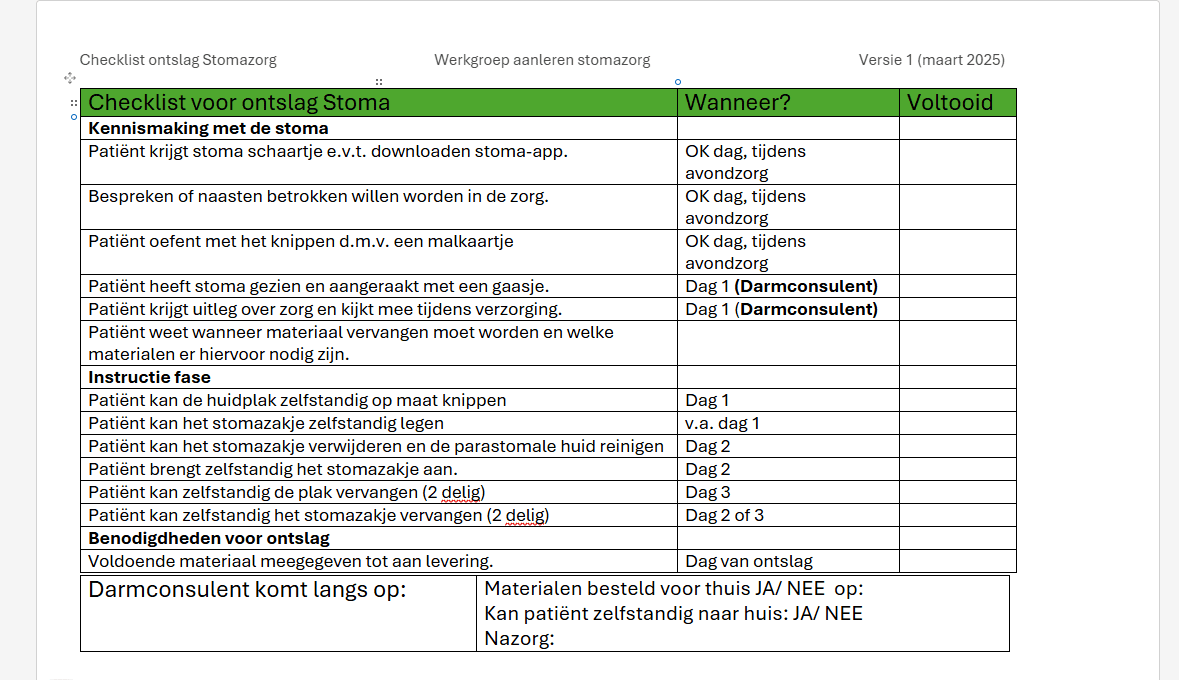 Checklist ontslag stoma
